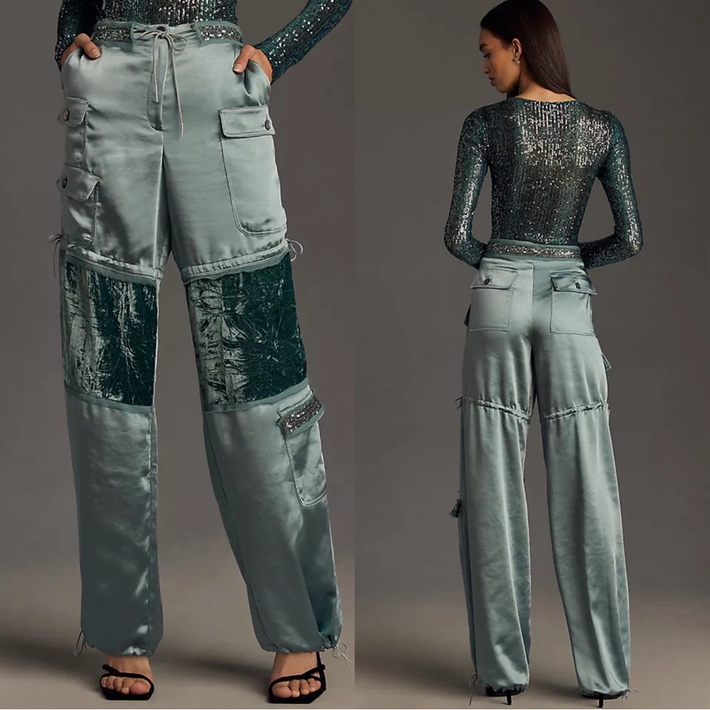 Anna Sui- NWOT Teal Silk, Sequin and Velvet Cargo Pants